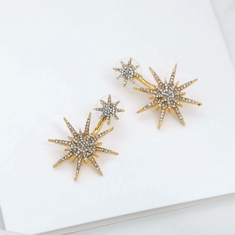 Gold Crystal Starburst Jacket Prom Bridal Earrings - Picture 3 of 7